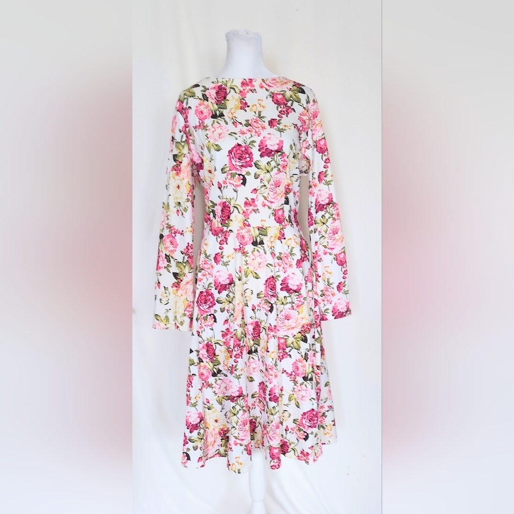 SisJuly Long Sleeve Floral Midi Dress Size XXL Pink White NWT
